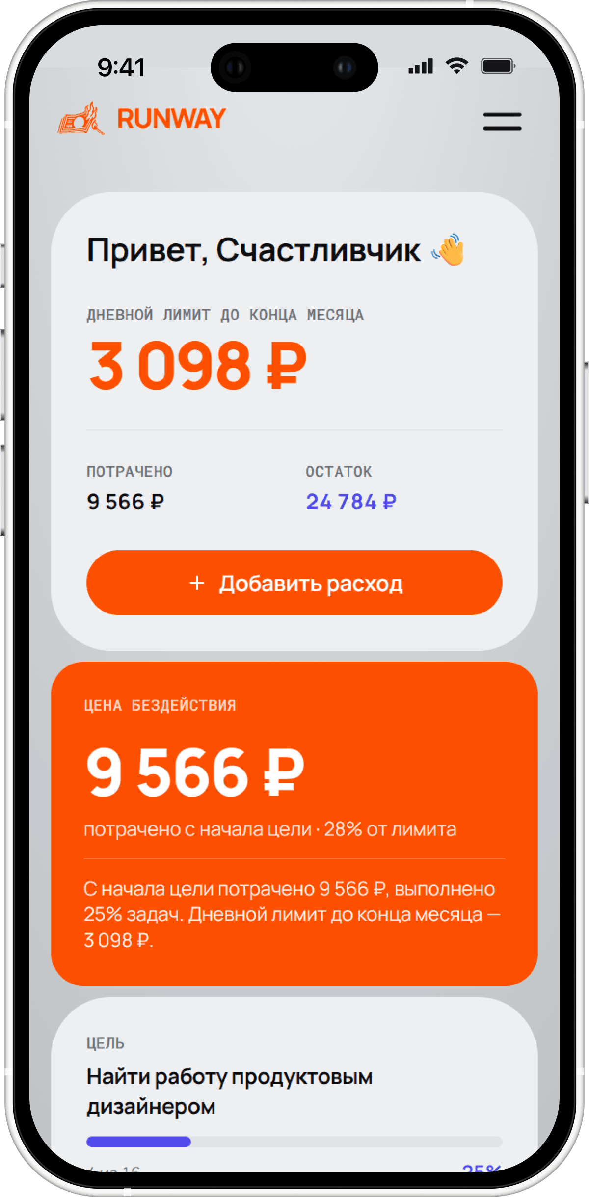 Дашборд Runway на iPhone: дневной лимит, цена бездействия, цель